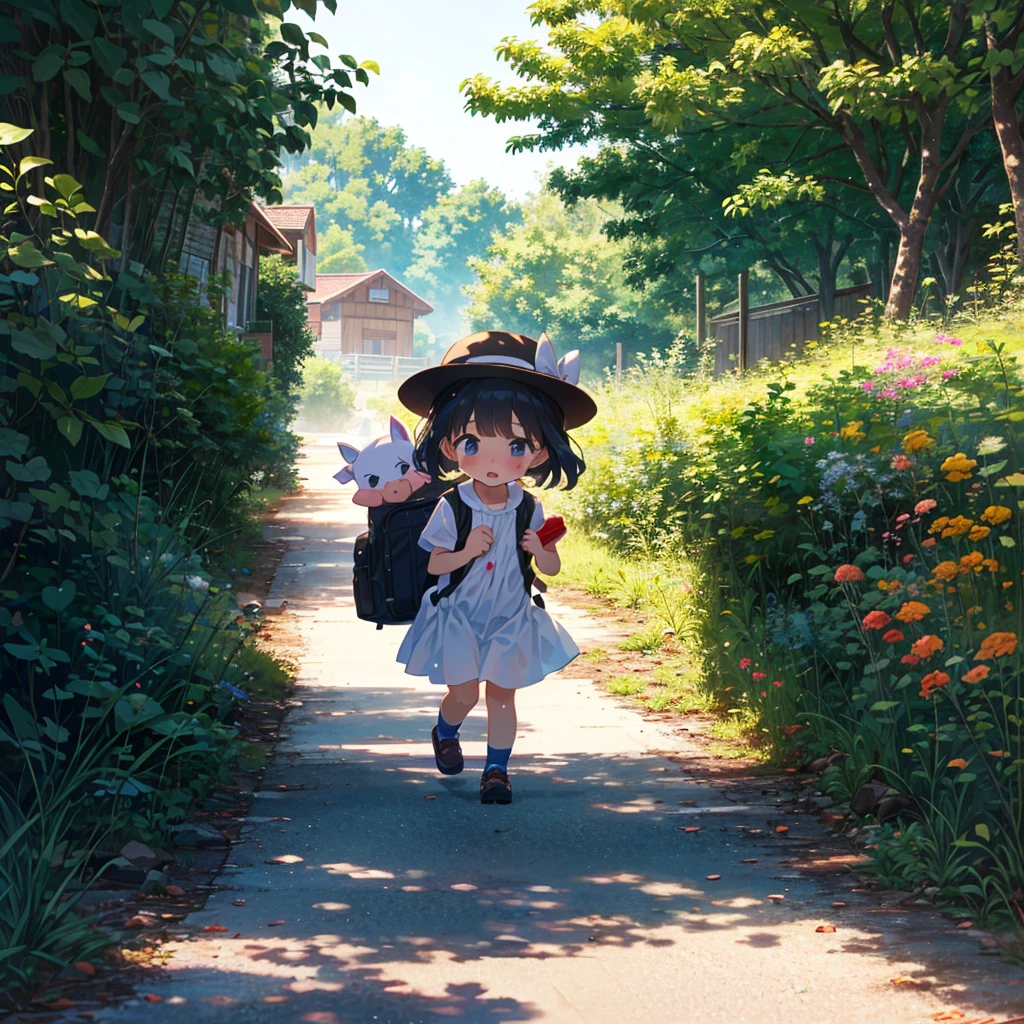 {{{Masterpiece, highest quality, high resolution background}}}, bright and beautiful atmosphere, 1 girl (5 , round face, baby facechild), small breasummery clothes, {{{((rural A girl walking down the street wiping her sweat))}}} carrying a heavy travel backpack
, a mini pig wearing a hat, enjoying the heat, a mini pig wearing a hat, "deltamon_sdXL :0.73) >Deltamon"