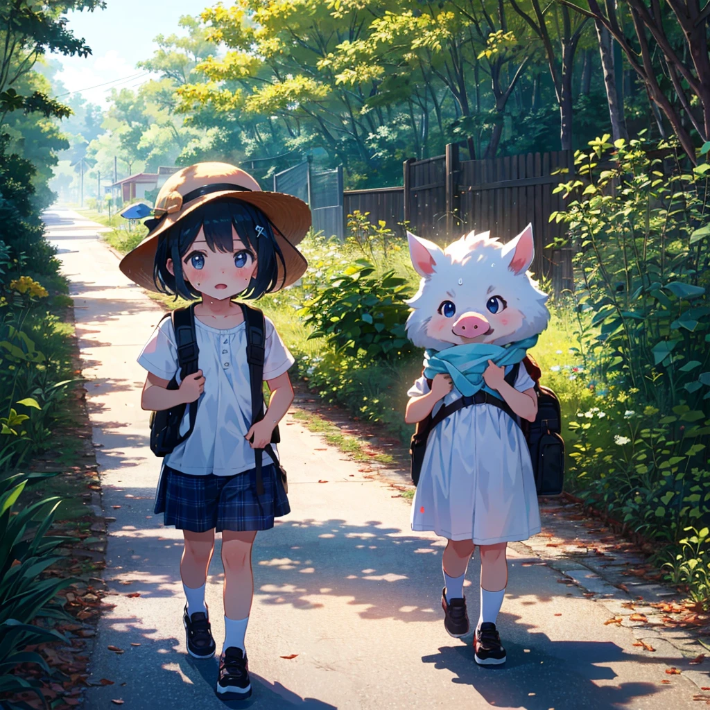 {{{Masterpiece, highest quality, high resolution background}}}, bright and beautiful atmosphere, 1 girl (, round face, baby face, young, child), small breasts, summery clothes, {{{((rural A girl walking down the street wiping her sweat))}}} carrying a heavy travel backpack
, a mini pig wearing a hat, enjoying the heat, a mini pig wearing a hat, "deltamon_sdXL :0.73) >Deltamon"