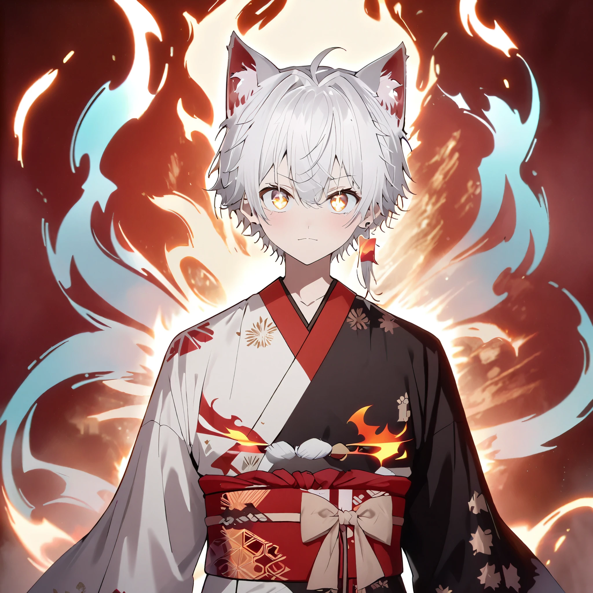 cat_boy,1boy,male focus, animal ears,white hair,single long lock,((split color kimono)),(white kimono),(black kimono),(red lapel),ahoge,yellow eyes,dot nose,closed mouth,happy,red single earring,obi,red sash,beige bow,print kimono,beautifl hands,striking visuals,glowing,layered silhouettes, depth and dimension, creative expression,Flame art, translucent forms, ephemeral beauty, Flame textures,looking at viewer,using magic, Hand Raised with Red Magic Around It, shining eyes,((dynamic pose)),dynamic angle,fire element,composed of fire elements,hoshinoai,star shaped pupils