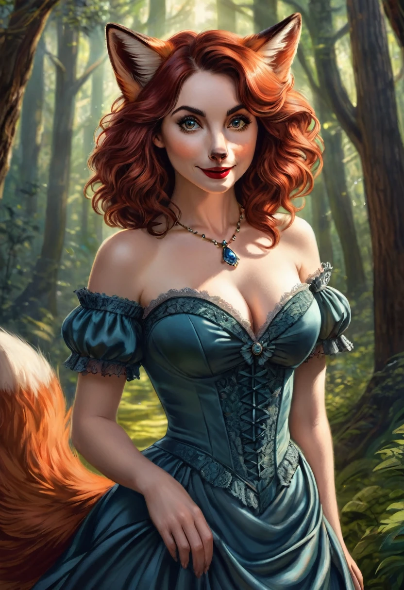 female fox mid transformation,  human like facial features. solo, masterpiece, best art, victorian dress. detailed hands, detailed eyes, detailed torso, forrest, expression, transformation, human face, red shaggy hair. Hourglass figure. red lip stick, sexy pose. soft features. adorable vibes. bright colors. cheerful lighting. bright and crisp. Alison brie
