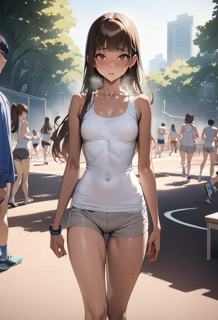 sports scene、((masterpiece,best quality anime,Highest quality:1.3)),realistic,cowboy shot,20 year old beauty,独奏,1woman,((very small head:1.3)),((very long body:1.2)),ideal ratio body proportions,tan skin,brown hair,bangs,straight long hair,gorgeous eyes,brown eyes,Heavy breathing、White tank top、Light grey cotton shorts,White running shoes((slender body,skinny,toned body)),sweat:1.3,small breasts,gleaming skin,(running:1.3,During training、Outdoor running course),playground、Tokyo、