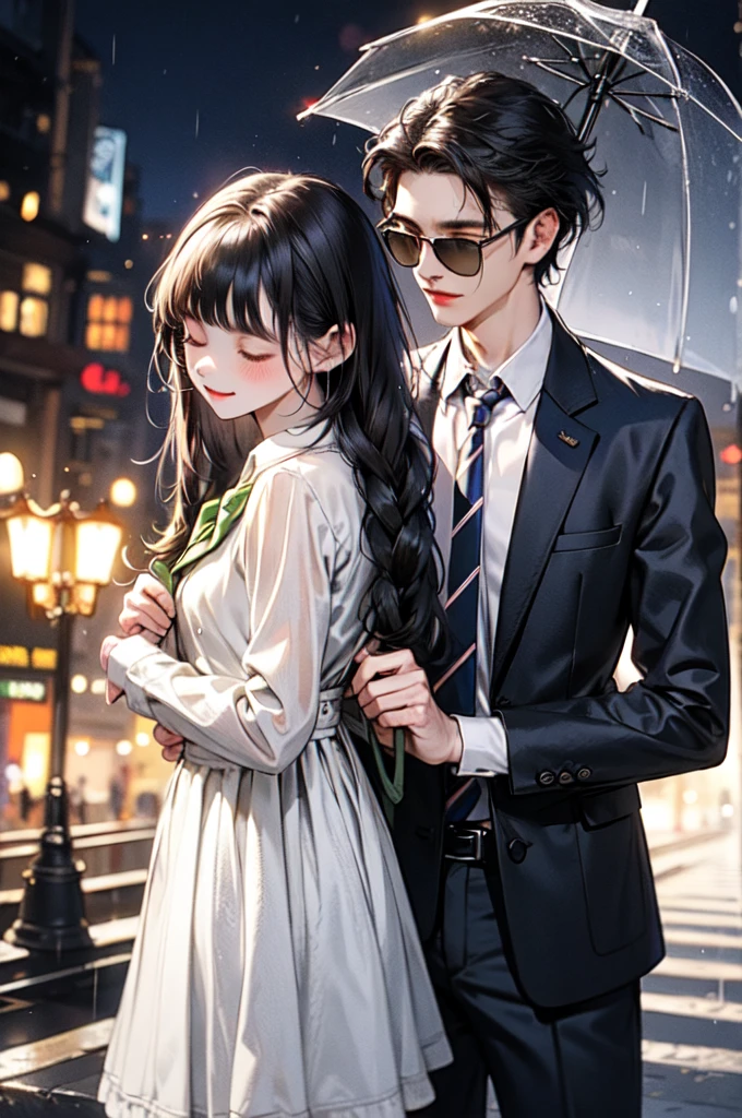 In a picturesque urban setting, the scene unfolds during a gentle rain shower at twilight. A young couple stands intimately close, sharing a clear umbrella that reflects the soft glow of street lamps. The boy, dressed casually in a green jacket and carrying a backpack, tenderly leans in, his forehead touching the girl’s. The girl, in a school uniform consisting of a white blouse and a dark skirt, gazes up at him with closed eyes, her long hair falling gracefully around her shoulders. The surrounding cobblestone street, lined with trees and vintage buildings, adds a touch of nostalgia to the romantic moment. Rain softly falls around them, creating a serene and magical atmosphere, as their shared umbrella shelters them, making them appear to be in their own little world amidst the tranquility of the evening.