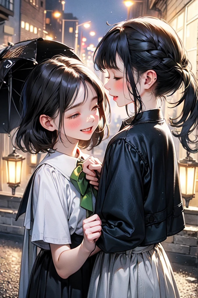 In a picturesque urban setting, the scene unfolds during a gentle rain shower at twilight. A young couple stands intimately close, sharing a clear umbrella that reflects the soft glow of street lamps. The boy, dressed casually in a green jacket and carrying a backpack, tenderly leans in, his forehead touching the girl’s. The girl, in a school uniform consisting of a white blouse and a dark skirt, gazes up at him with closed eyes, her long hair falling gracefully around her shoulders. The surrounding cobblestone street, lined with trees and vintage buildings, adds a touch of nostalgia to the romantic moment. Rain softly falls around them, creating a serene and magical atmosphere, as their shared umbrella shelters them, making them appear to be in their own little world amidst the tranquility of the evening.