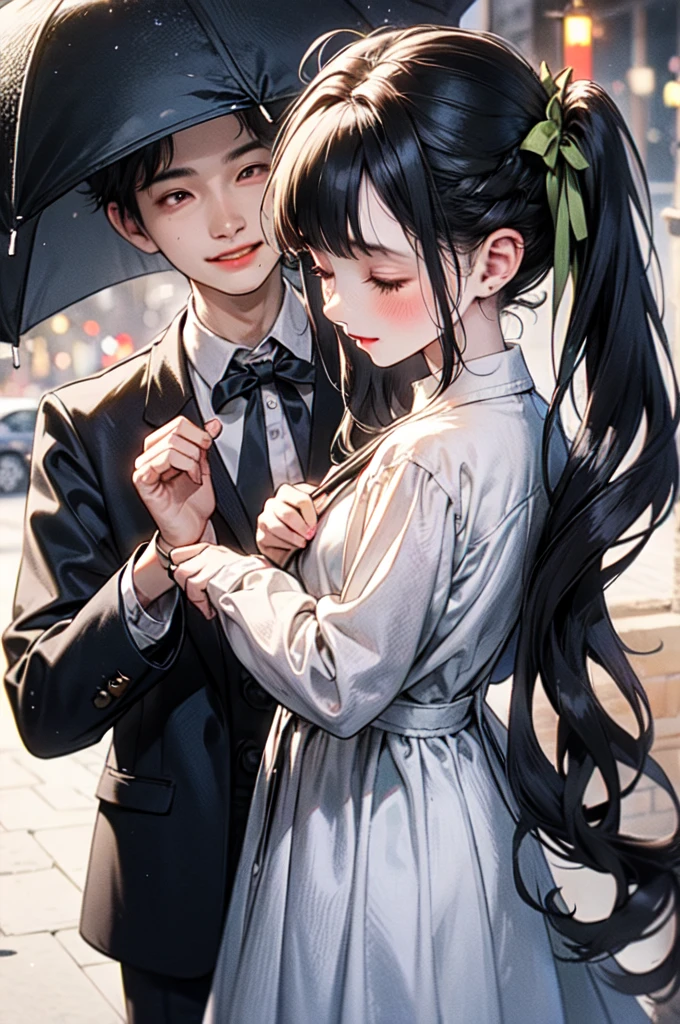In a picturesque urban setting, the scene unfolds during a gentle rain shower at twilight. A young couple stands intimately close, sharing a clear umbrella that reflects the soft glow of street lamps. The boy, dressed casually in a green jacket and carrying a backpack, tenderly leans in, his forehead touching the girl’s. The girl, in a school uniform consisting of a white blouse and a dark skirt, gazes up at him with closed eyes, her long hair falling gracefully around her shoulders. The surrounding cobblestone street, lined with trees and vintage buildings, adds a touch of nostalgia to the romantic moment. Rain softly falls around them, creating a serene and magical atmosphere, as their shared umbrella shelters them, making them appear to be in their own little world amidst the tranquility of the evening.