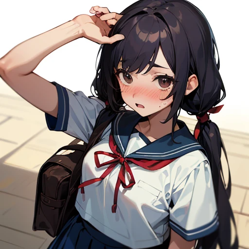 1girl, 16yo,
standing, (her hands on chest),
surprised, nose blush,
black hair, very long hair, (low twintails), low pigtails, red ribbon in hair,
navy-blue collar, white serafuku with blue ribbon, navy-blue skirt,
(dark brown eye),
student bag on right shoulder,
upper body,
afternoon, summer,
from front,
(pov:1.2), I am 16yo, I am wearing a school uniform,
(my arm:1.5), (my hand in hair:1.3), (I touch her hair:1.3),
ordinary hand, wrinkle free, not sunburn,
close-up face,
from above,
high brightness, detailed face, detailed eyes,
(high quality, ultra detailed, masterpiece, super detail, highres, anatomically correct, UHD),
Japanese anime style, extremely cute, good hands, good fingers