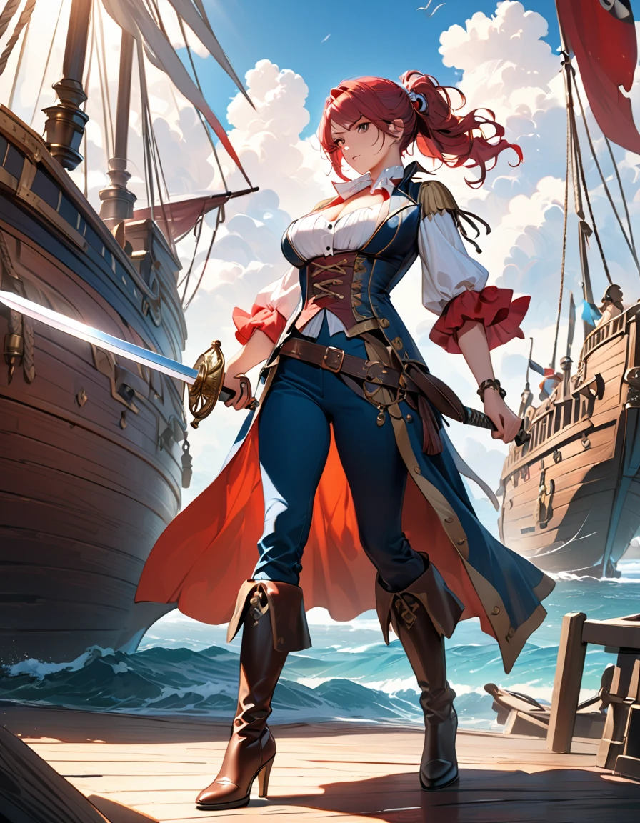 a portrait of a woman pirate holding a ((sword: 1.5)) on a pirate ship ready for battle, ((full body: 1.5)), ((anatomically correct: 1.5)), (ultra detailed face: 1.2), looking tense, looking dangerous,  dynamic eye color. dynamic hair color, dynamic hair style dynamic skin complexion, wearing 18th century white button shirt, busty , wearing  wearing high heeled boots, sunny day, sun rays, some clouds,18th century pirate ship background,  vibrant, Ultra-high resolution, High Contrast, (masterpiece:1.5), highest quality, Best aesthetics), best details, best quality, highres, 16k, (ultra detailed: 1.5), masterpiece, best quality, (extremely detailed) RAW, (ultra details, Masterpiece, best quality), Hyperrealism style, holding sword, Intense gaze, holding sword rapier