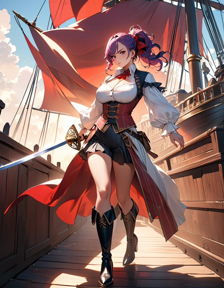 a portrait of a woman pirate holding a ((sword: 1.5)) on a pirate ship ready for battle, ((full body: 1.5)), ((anatomically correct: 1.5)), (ultra detailed face: 1.2), looking tense, looking dangerous,  dynamic eye color. dynamic hair color, dynamic hair style dynamic skin complexion, wearing 18th century white button shirt, busty , wearing  wearing high heeled boots, sunny day, sun rays, some clouds,18th century pirate ship background,  vibrant, Ultra-high resolution, High Contrast, (masterpiece:1.5), highest quality, Best aesthetics), best details, best quality, highres, 16k, (ultra detailed: 1.5), masterpiece, best quality, (extremely detailed) RAW, (ultra details, Masterpiece, best quality), Hyperrealism style, holding sword, Intense gaze, holding sword rapier