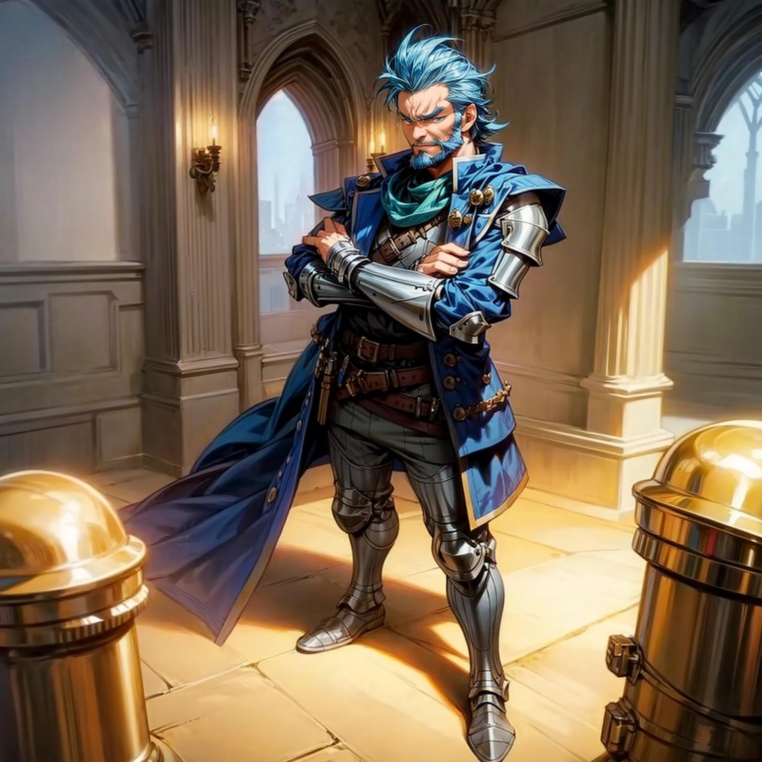 Solo character, full body version, middle aged man, muscle, chin beard, blue eyes, blue color hair, short haircut, (dark skin), soldier clothing, gold heavy armor, boots, indoor, Castle, detailed background, angry eyes, standing gesture