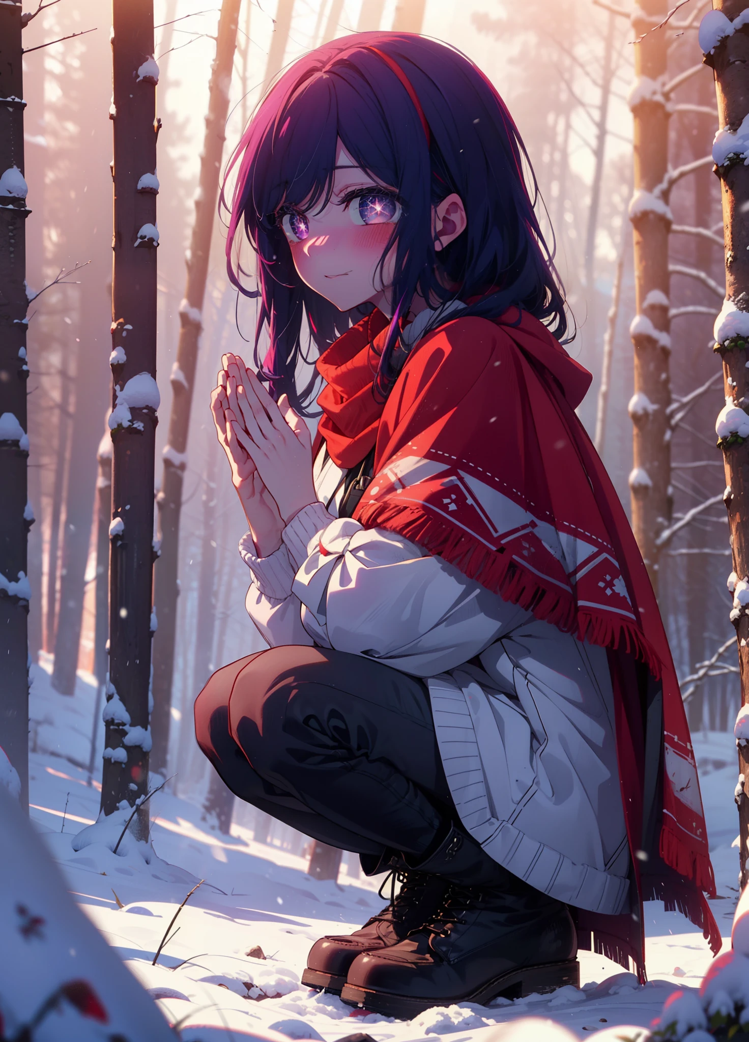 aihoshino, Ai Hoshino, Long Hair, bangs, (Purple eyes:1.1), Purple Hair, (Symbol-shaped pupil:1.5), smile,,smile,blush,white breath,
Open your mouth,snow,Ground bonfire, Outdoor, boots, snowing, From the side, wood, suitcase, Cape, Blurred, , forest, White handbag, nature, Squat, Mouth closed, Cape, winter, Written boundary depth, Black shoes, red Cape break looking at viewer, Upper Body, whole body, break Outdoor, forest, nature, break (masterpiece:1.2), Highest quality, High resolution, unity 8k wallpaper, (shape:0.8), (Beautiful and beautiful eyes:1.6), Highly detailed face, Perfect lighting, Highly detailed CG, (Perfect hands, Perfect Anatomy),