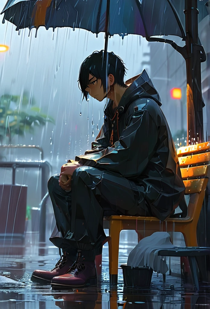 Splash Art, Cool 32 year old man（anime, in the rain、Man sitting on chair, in the rainの涙, and sad, sad and , Emotional image, 死ぬ時のin the rainの涙のように, What is depression?, Dark illustration, Under the Rain, Dark Faceless Person々, sad, Dark and gloomy lighting, rain, Emotional concept art, he is sad, sadness personified）, wonderfulインスタグラム, Art Station, Colorful paint splash style+, Very detailed、Exquisitely crafted down to the last detail, Engine Unreal, wonderful, Details Complexity, Splash screen, Complementary Color, Realistic concept art, 8k resolution, deviantart masterpiece, Oil, Thick brushwork, Paint drips, Splash Art
