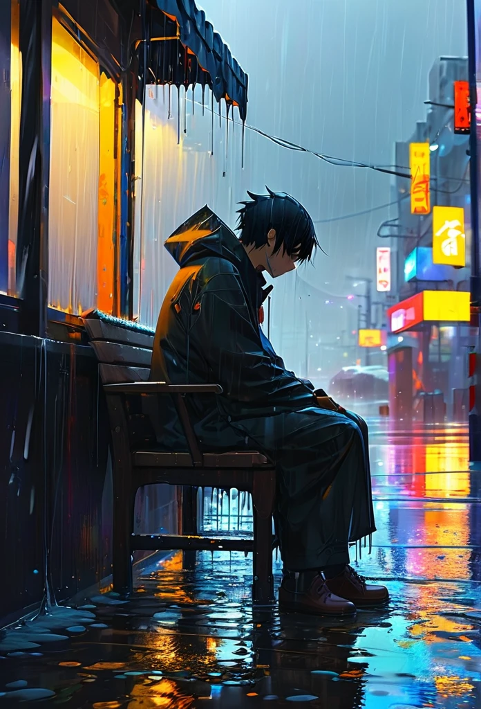 Splash Art, Cool 32 year old man(anime, in the rain、Man sitting on chair, in the rainの涙, and sad, sad and , Emotional image, 死ぬ時のin the rainの涙のように, What is depression?, Dark illustration, Under the Rain, Dark Faceless Person々, sad, Dark and gloomy lighting, rain, Emotional concept art, he is sad, sadness personified), wonderfulインスタグラム, Art Station, Colorful paint splash style+, Very detailed、Exquisitely crafted down to the last detail, Engine Unreal, wonderful, Details Complexity, Splash screen, Complementary Color, Realistic concept art, 8k resolution, deviantart masterpiece, Oil, Thick brushwork, Paint drips, Splash Art