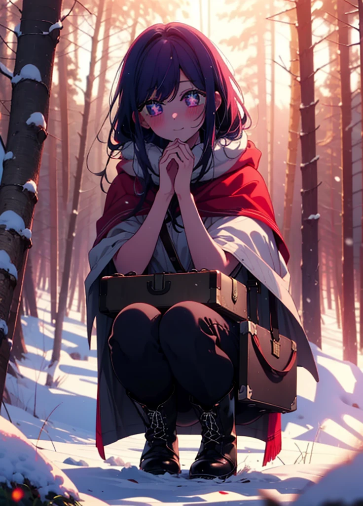 aihoshino, Ai Hoshino, Long Hair, bangs, (Purple eyes:1.1), Purple Hair, (Symbol-shaped pupil:1.5), smile,,smile,blush,white breath,
Open your mouth,snow,Ground bonfire, Outdoor, boots, snowing, From the side, wood, suitcase, Cape, Blurred, , forest, White handbag, nature,  Squat, Mouth closed, Cape, winter, Written boundary depth, Black shoes, red Cape break looking at viewer, Upper Body, whole body, break Outdoor, forest, nature, break (masterpiece:1.2), Highest quality, High resolution, unity 8k wallpaper, (shape:0.8), (Beautiful and beautiful eyes:1.6), Highly detailed face, Perfect lighting, Highly detailed CG, (Perfect hands, Perfect Anatomy),