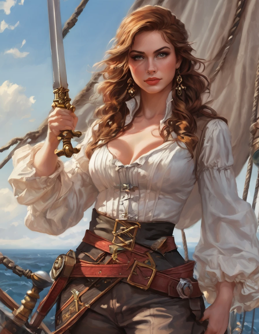 a portrait of a woman pirate holding a ((sword: 1.5)) on a pirate ship ready for battle, ((full body: 1.5)), ((anatomically correct: 1.5)), (ultra detailed face: 1.2), looking tense, looking dangerous,  dynamic eye color. dynamic hair color, dynamic hair style dynamic skin complexion, wearing 18th century white button shirt, busty , wearing  wearing high heeled boots, sunny day, sun rays, some clouds,18th century pirate ship background,  vibrant, Ultra-high resolution, High Contrast, (masterpiece:1.5), highest quality, Best aesthetics), best details, best quality, highres, 16k, (ultra detailed: 1.5), masterpiece, best quality, (extremely detailed) RAW, (ultra details, Masterpiece, best quality), Hyperrealism style, holding sword, Intense gaze, holding sword rapier