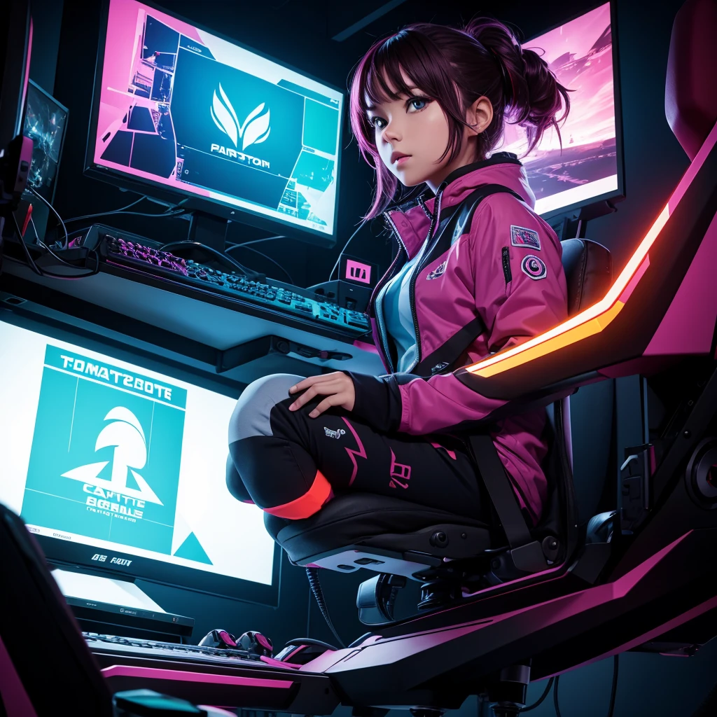  female gamer in a colorful setup  , coast silhouette 