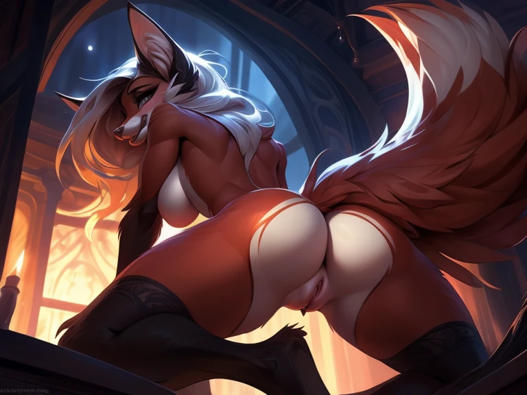 by bonifasko, (((woman, breasts, antrum, extremely detailed, extremely detailed legs, extremely detailed arms, extremely detailed face, perfectly detailed eyes, perfectly detailed anatomy))): 1.2, meridian_(bonifasko), anthro, female, fox, red fur, red body, very short white hair with a long piece of hair over the eye, purlple eyes, eyelashes, long fox ears, high definition, good anatomy, yellow body, yellow fur, simple background, highly detailed face, multiple tails, dark lighting, moody lighting, full body, sexy body, slanky body, sexy face, nice, hot, cute, night, blushing, friendly smile, smile, friendly, licking lips, elegant, dark, mysterious, alluring, beautiful, NSFW, pussy, crouching, behind view, back, back view, looking back at viewer, pressing ass against viewer's face, low angle view, worm's eye view, first person view, viewer giving cunnilingus, cunnilingus POV, tongue out, licking lips