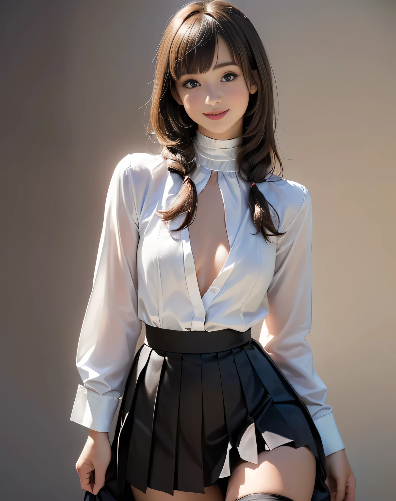 (photorealistic:1.6),(High resolution:1.6),(solo, one girl:1.5),(Beautiful Girl:1.5),(Light brown Hair:1.3),(Elegant long hairstyle:1.5),(bangs bangs),chuuChloe,(High neck shirt:1.4),(pleats skirt:1.4),(Big eyes),(looking at viewer:1.4),(Slender body:1.2),(Skinny Chest:1.5),(Flat Chest:1.5),(tight stockings:1.3),(smile:1.5),