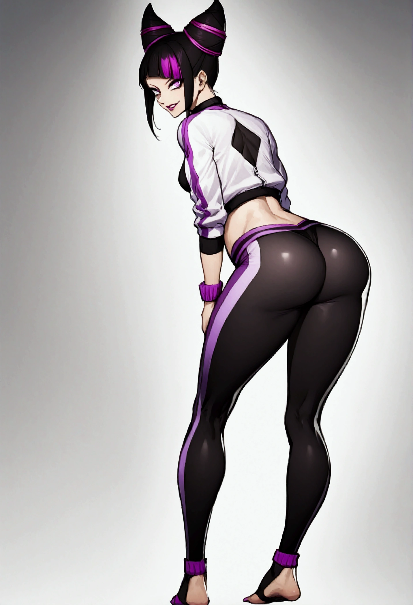 Juri Han,standing backwards,looking back,beautiful young fitness woman with , in a gym wearing May with black pantyhose, white and purple gym jacket. standing alone,hair horns,bright purple eyes,Evil smile,legging preto aura roxa,super bright purple right eyes,whole body,curves
