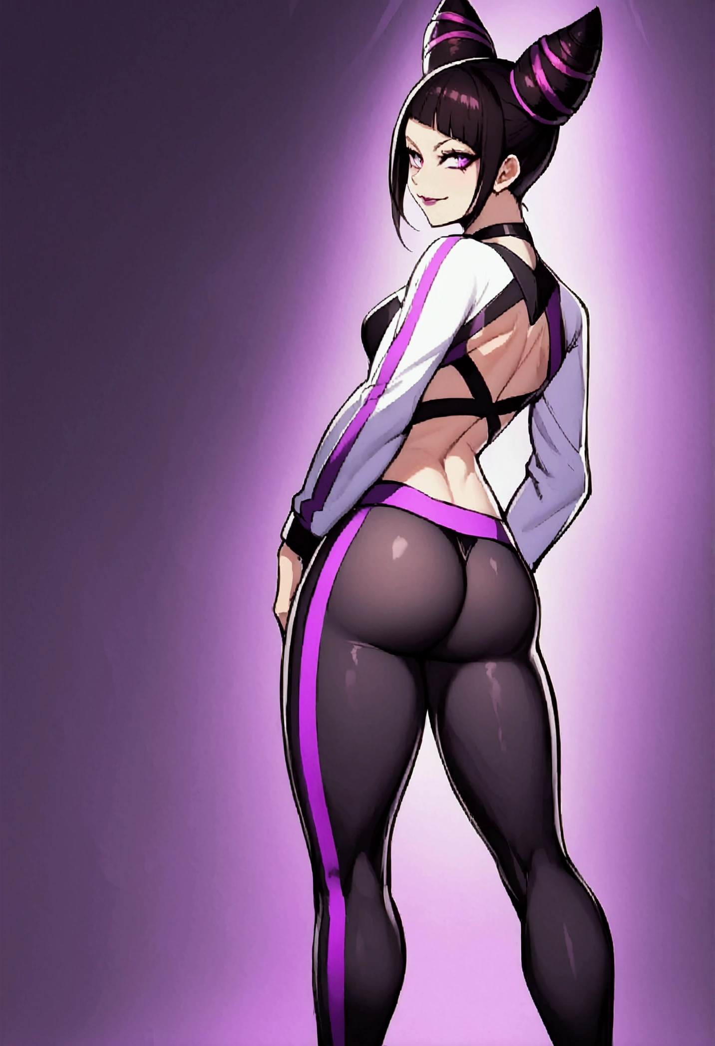 Juri Han,standing backwards,looking back,beautiful young fitness woman with , in a gym wearing May with black pantyhose, white and purple gym jacket. standing alone,hair horns,bright purple eyes,Evil smile,legging preto aura roxa,super bright purple right eyes,whole body,curves
