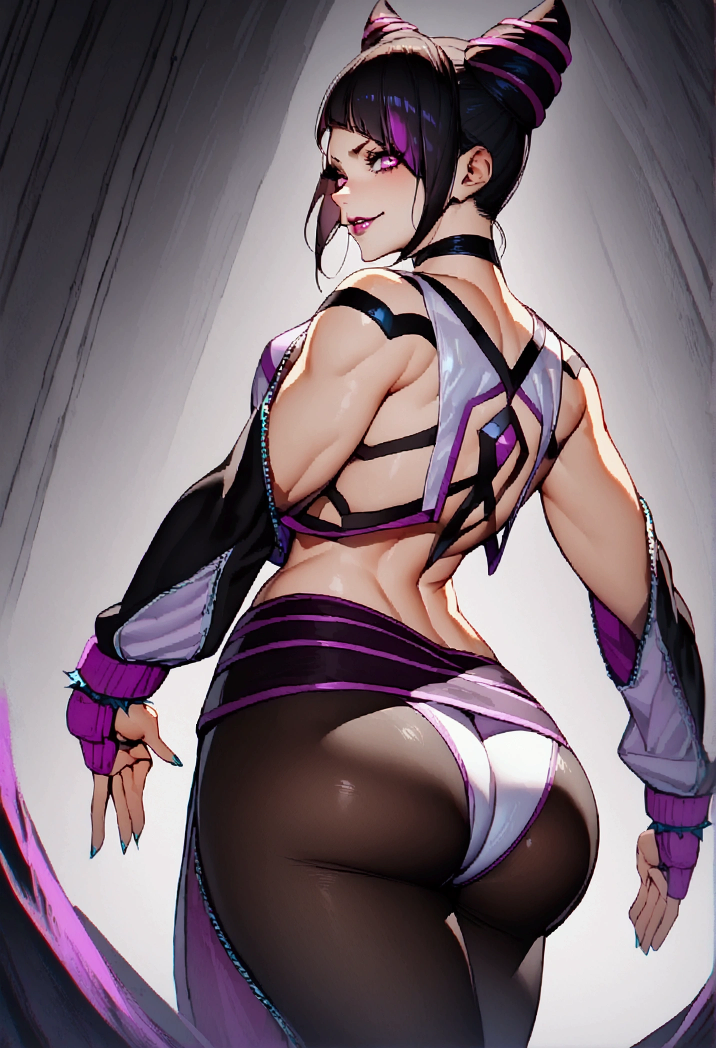 Juri Han,standing backwards,looking back,beautiful young fitness woman with , in a gym wearing May with black pantyhose, white and purple gym jacket. standing alone,hair horns,bright purple eyes,Evil smile,legging preto aura roxa,super bright purple right eyes,beautiful curves
