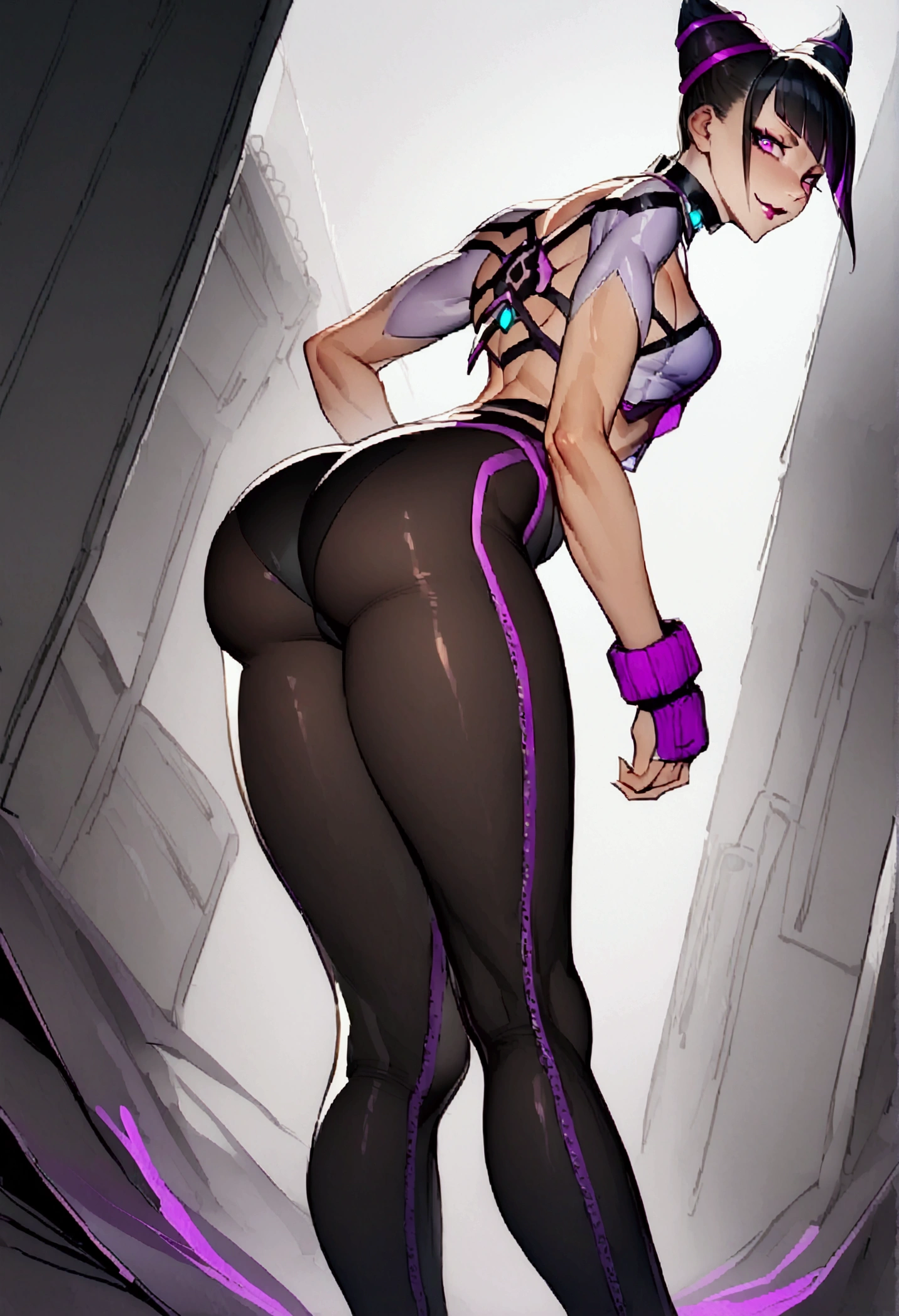 Juri Han,standing backwards,looking back,beautiful young fitness woman with , in a gym wearing May with black pantyhose, white and purple gym jacket. standing alone,hair horns,bright purple eyes,Evil smile,legging preto aura roxa,super bright purple right eyes,beautiful curves