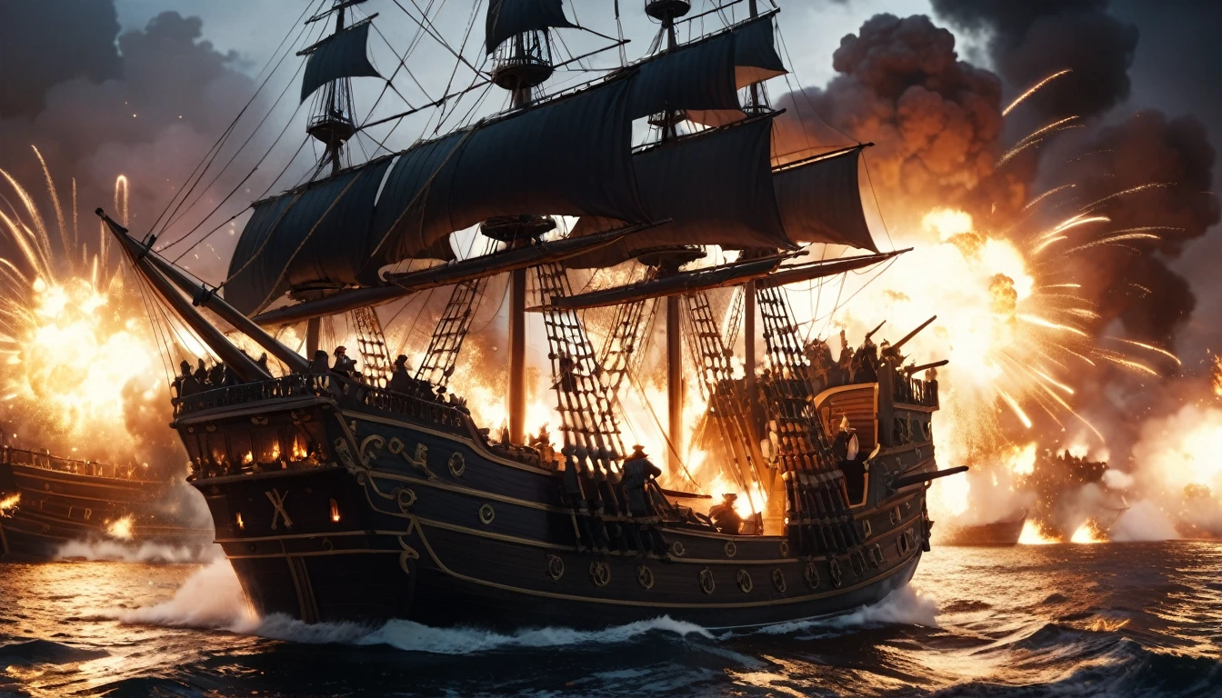 a dramatic cinematic scene of a pirate war, great naval battle in the caribbean during the 18th century, multiple ships shoot each other, with damages, fire, smoke, wounded pirates, dueling pirates fighting with swords and guns, aerial view, (best quality,4k,8k,highres,masterpiece:1.2),ultra-detailed,(realistic,photorealistic,photo-realistic:1.37),dramatic lighting,epic scale,intense action,dynamic composition,moody color palette,chiaroscuro lighting,cinematic framing,high contrast