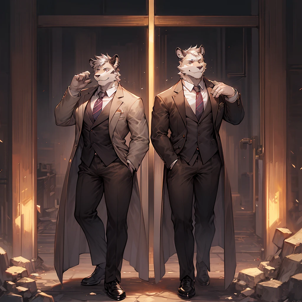 {{bara extremely handsome white tiger,}} {{white fur,}} white, professional model like, wearing elegant ornate suit jacket, trousers, white dress shirt and necktie, loafers, very tall, broad shoulders, narrow waist, sleek physique, massive pecs, purple eyes, very long legs, sophisticated hot look, 3/4 view, best quality, high detail, CG image, splash art, silver earring on left ear, sultry smirk