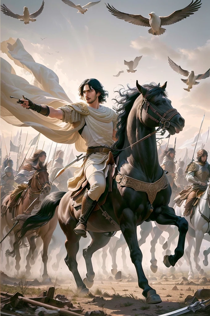 There is a man riding a horse with a sword and a bird flying above, alejandro the great, Adam Driver as a centaur warrior., Magali Villeneuve', by Pogus Caesar, alejandro, by Antonio Ciseri, digital painting greek myth, by Juan Carlos Stekelman, by Wayne England, por Alexander Scott, by Luis Miranda