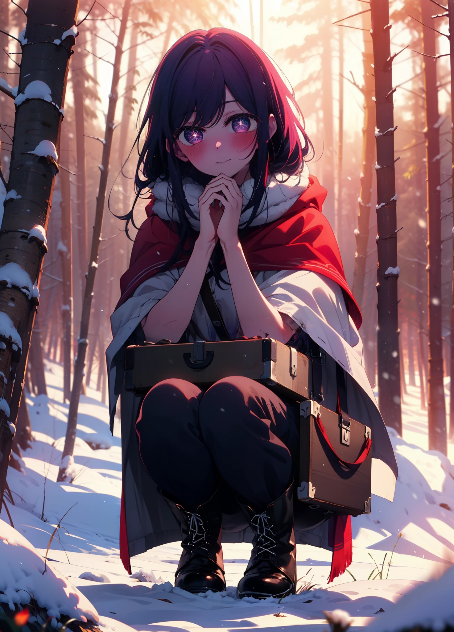 aihoshino, Ai Hoshino, Long Hair, bangs, (Purple eyes:1.1), Purple Hair, (Symbol-shaped pupil:1.5), smile,,smile,blush,white breath,
Open your mouth,snow,Ground bonfire, Outdoor, boots, snowing, From the side, wood, suitcase, Cape, Blurred, , forest, White handbag, nature,  Squat, Mouth closed, Cape, winter, Written boundary depth, Black shoes, red Cape break looking at viewer, Upper Body, whole body, break Outdoor, forest, nature, break (masterpiece:1.2), Highest quality, High resolution, unity 8k wallpaper, (shape:0.8), (Beautiful and beautiful eyes:1.6), Highly detailed face, Perfect lighting, Highly detailed CG, (Perfect hands, Perfect Anatomy),