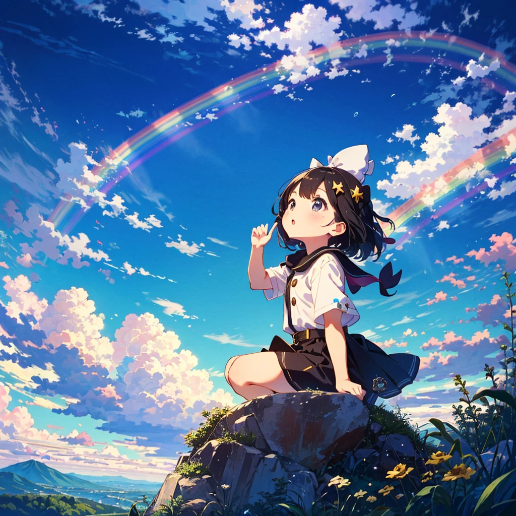 {{{Masterpiece, highest quality, high resolution background}}}, bright and beautiful atmosphere, 1 girl (5 years old, round face, baby face, young, child), small breasts, scenery after the rain, scenery with a rainbow, summer A cute costume, a girl looking up at a rainbow, a mini-pig excited about the rainbow, a mini-pig looking up at the sky, "deltamon_sdXL :0.73) >Deltamon"
