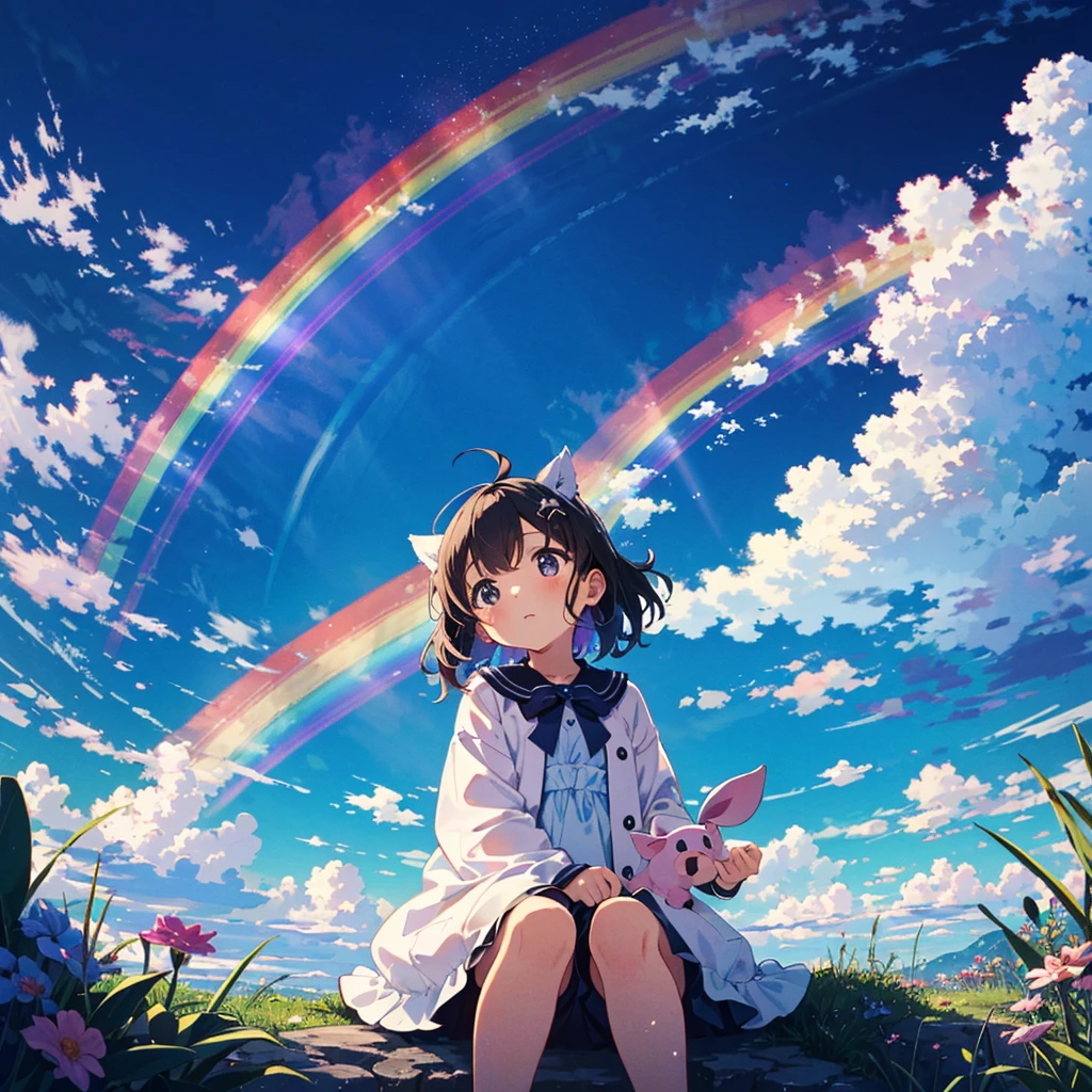 {{{Masterpiece, highest quality, high resolution background}}}, bright and beautiful atmosphere, 1 girl (5 , round face, baby facechild), small breascenery after the rain, scenery with a rainbow, summer A cute costume, a girl looking up at a rainbow, a mini-pig excited about the rainbow, a mini-pig looking up at the sky, "deltamon_sdXL :0.73) >Deltamon"