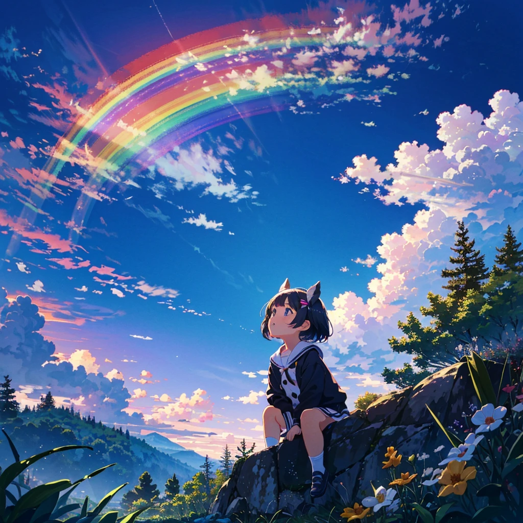 {{{Masterpiece, highest quality, high resolution background}}}, bright and beautiful atmosphere, 1 girl (5 years old, round face, baby face, young, child), small breasts, scenery after the rain, scenery with a rainbow, summer A cute costume, a girl looking up at a rainbow, a mini-pig excited about the rainbow, a mini-pig looking up at the sky, "deltamon_sdXL :0.73) >Deltamon"