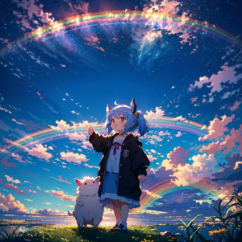 {{{Masterpiece, highest quality, high resolution background}}}, bright and beautiful atmosphere, 1 girl (5 , round face, baby facechild), small breascenery after the rain, scenery with a rainbow, summer A cute costume, a girl looking up at a rainbow, a mini-pig excited about the rainbow, a mini-pig looking up at the sky, "deltamon_sdXL :0.73) >Deltamon"