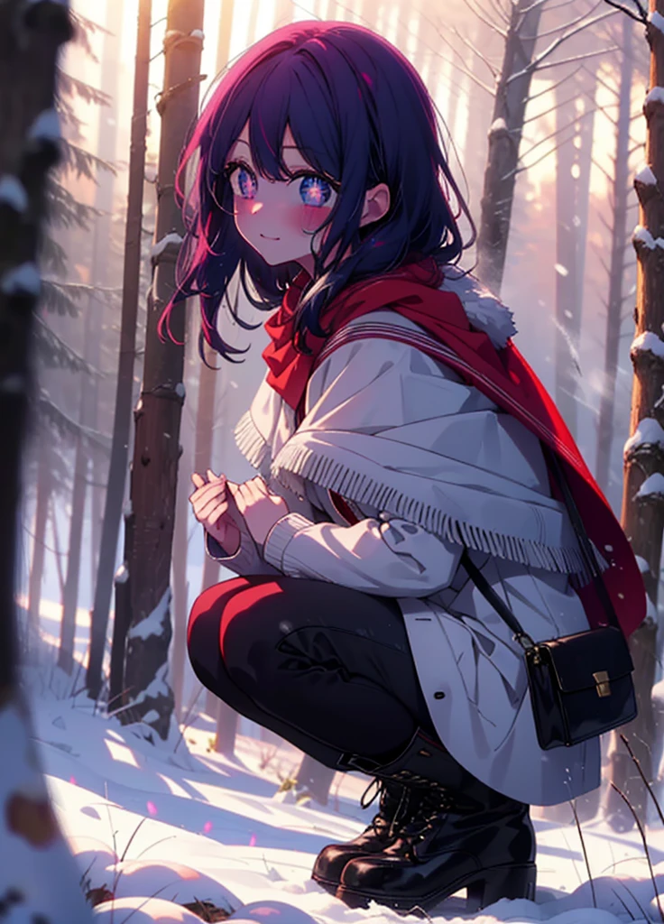 aihoshino, Ai Hoshino, Long Hair, bangs, (Purple eyes:1.1), Purple Hair, (Symbol-shaped pupil:1.5), smile,,smile,blush,white breath,
Open your mouth,snow,Ground bonfire, Outdoor, boots, snowing, From the side, wood, suitcase, Cape, Blurred, , forest, White handbag, nature, Squat, Mouth closed, Cape, winter, Written boundary depth, Black shoes, red Cape break looking at viewer, Upper Body, whole body, break Outdoor, forest, nature, break (masterpiece:1.2), Highest quality, High resolution, unity 8k wallpaper, (shape:0.8), (Beautiful and beautiful eyes:1.6), Highly detailed face, Perfect lighting, Highly detailed CG, (Perfect hands, Perfect Anatomy),