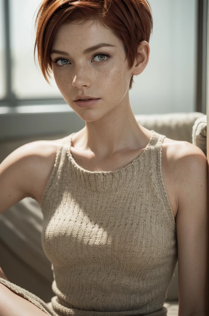 slim feminine figure, redhead, freckles, best quality, realistic skin texture, photography, detailed facial features, film grain texture and high contrast, extremely high-resolution details, photographic, photorealistic, hyper-realistic, HDR, masterpiece, ((short pixie hair)), a knitted short top, a long summer dress