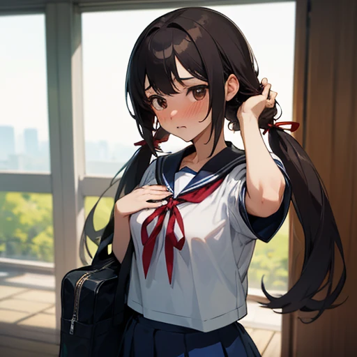 1girl, 16yo,
standing, (her hands on chest),
surprised, nose blush,
black hair, very long hair, (low twintails), low pigtails, red ribbon in hair,
navy-blue collar, white serafuku with blue ribbon, navy-blue skirt,
(dark brown eye),
student bag on right shoulder,
upper body,
afternoon, summer,
from front,
(pov:1.2), I am 16yo, I am wearing a school uniform,
(my arm:1.6), (my hand in hair:1.6), (I touch her low twintails hair:1.6),
ordinary hand, wrinkle free, not sunburn,
close-up face,
from above,
high brightness, detailed face, detailed eyes,
(high quality, ultra detailed, masterpiece, super detail, highres, anatomically correct, UHD),
Japanese anime style, extremely cute, good hands, good fingers