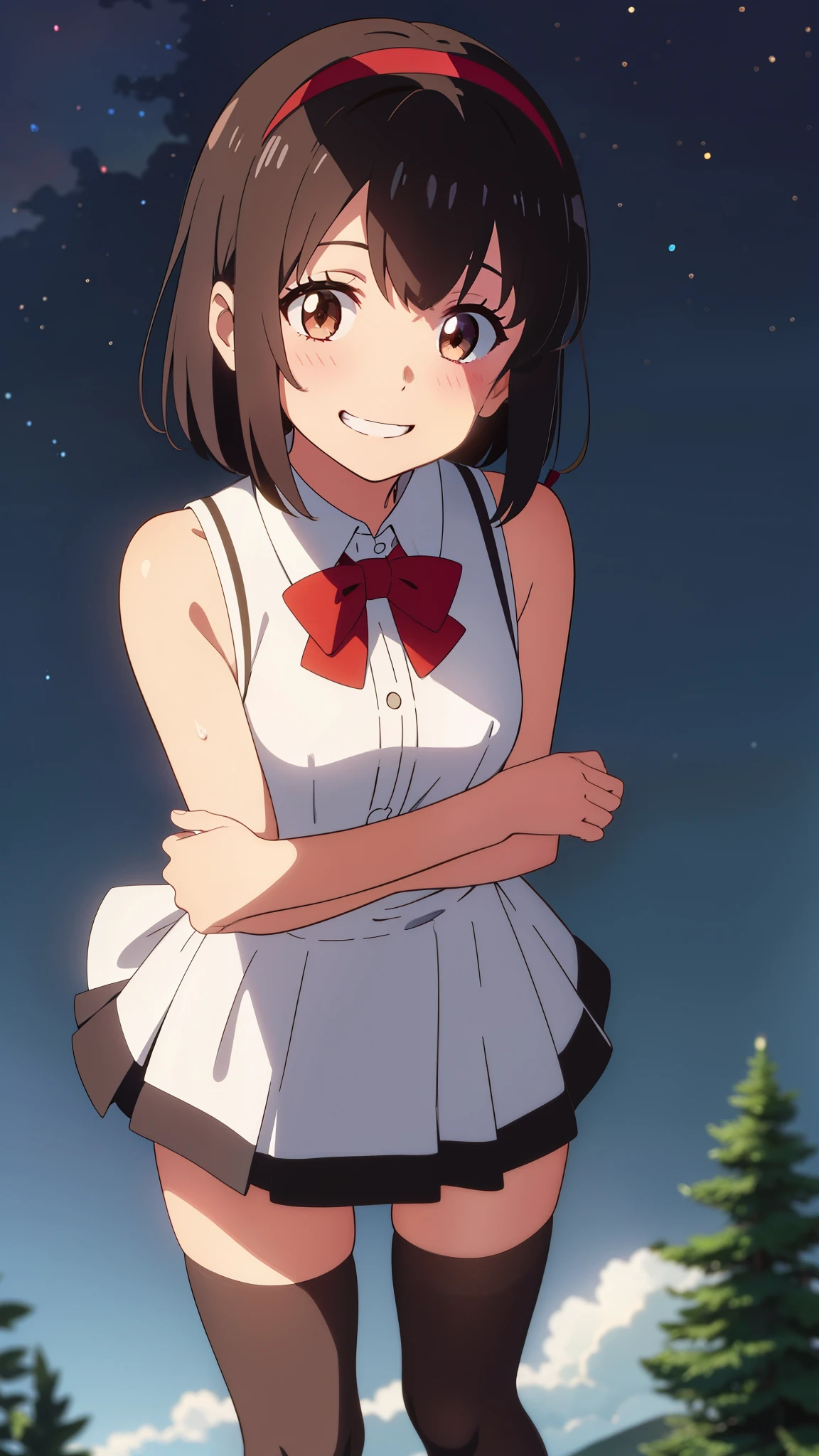 shinkai makoto, kimi no na wa., 1girl, bangs, black hair, blush, brown eyes, perfect face, looking at the viewer, mini dress, bare shoulders, detached collar, red headband, red ribbon, red bow, mini skirt, black thighhighs, short hair, solo, shinny skin, smile, cute, grin, cloudy, night sky, night background, forest, sweat, (masterpiece), best quality