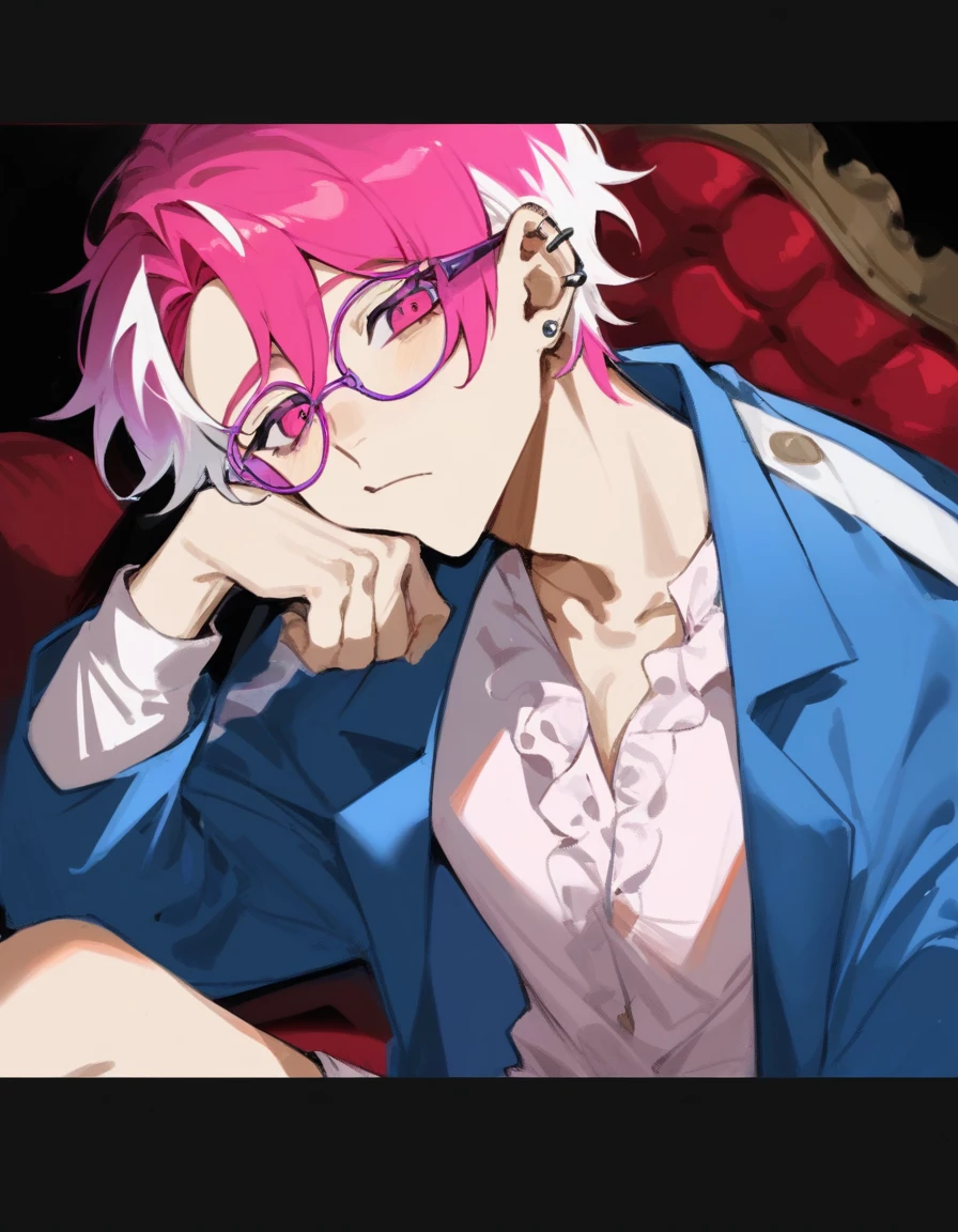 a young man with medium pink hair and some white highlights, UP TO THE NECK, piercings na orelha, hot pink eyes, wearing short clothes. your chin rests under your hands in a perverted way. the pink, red and orange are colors present in her sexy and short outfit, next to clear and purple glasses. He smiles mischievously and seductively, sitting on the big sofa with elbow on the arm of the sofa. femboy, 精致的面容. white short shorts, short pink blouse, open blue jacket. sexy boy