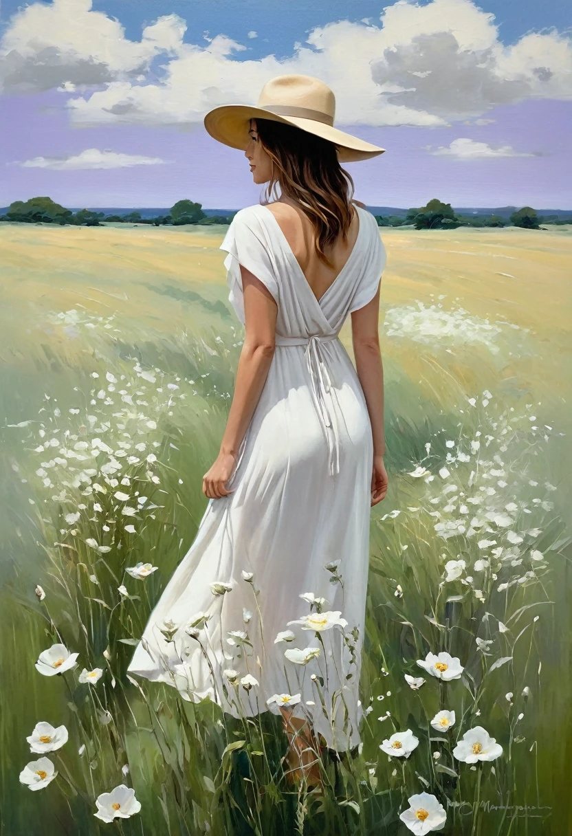 A serene and captivating oil painting of a woman standing in an open field, with her back to the viewer. She dons a wide-brimmed hat and a flowing white, backless dress that gently blends with the surrounding white flowers. A bouquet of white and purple flowers cascades from her hand, adding a touch of vibrancy to the scene. The sky above her is painted in soft hues of white and gray, creating a sense of tranquility. The thick, textured brushstrokes enhance the atmosphere of