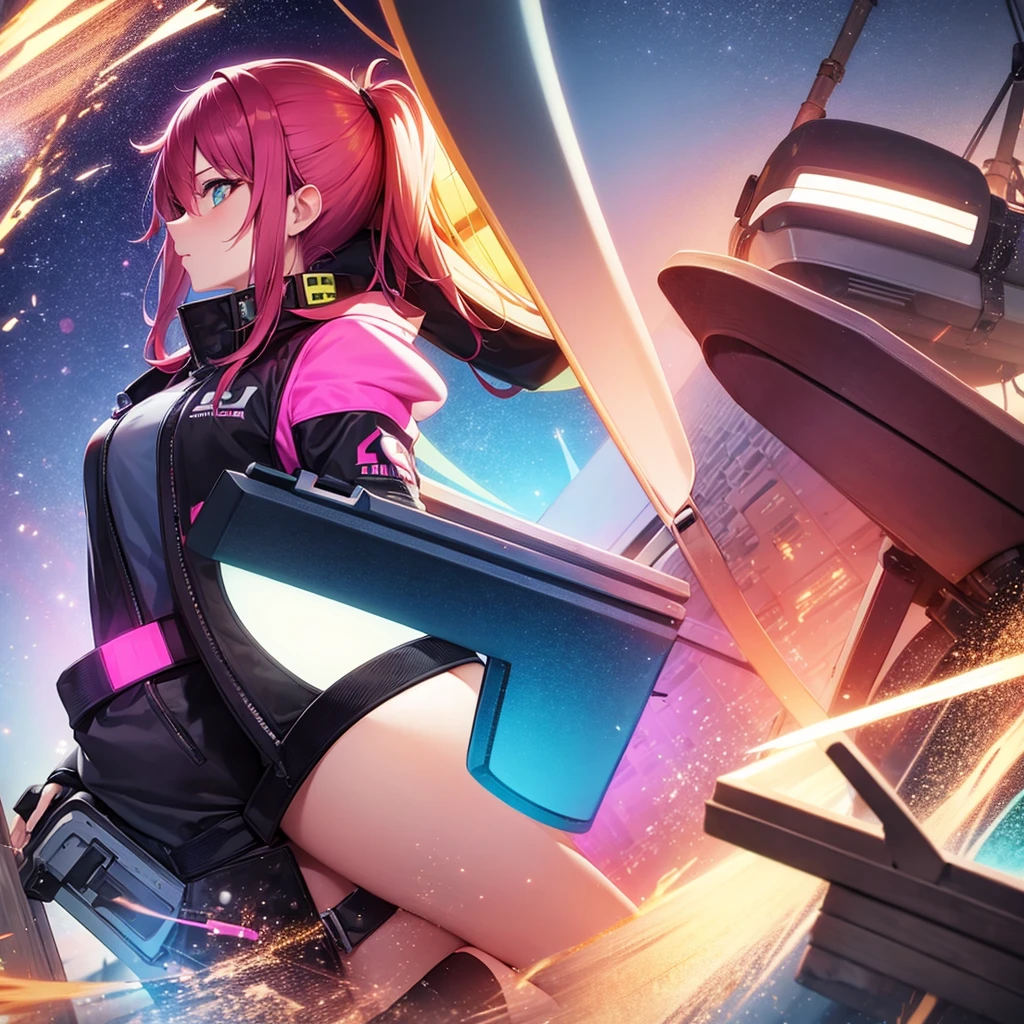 female gamer in a colorful setup , coast silhouette
