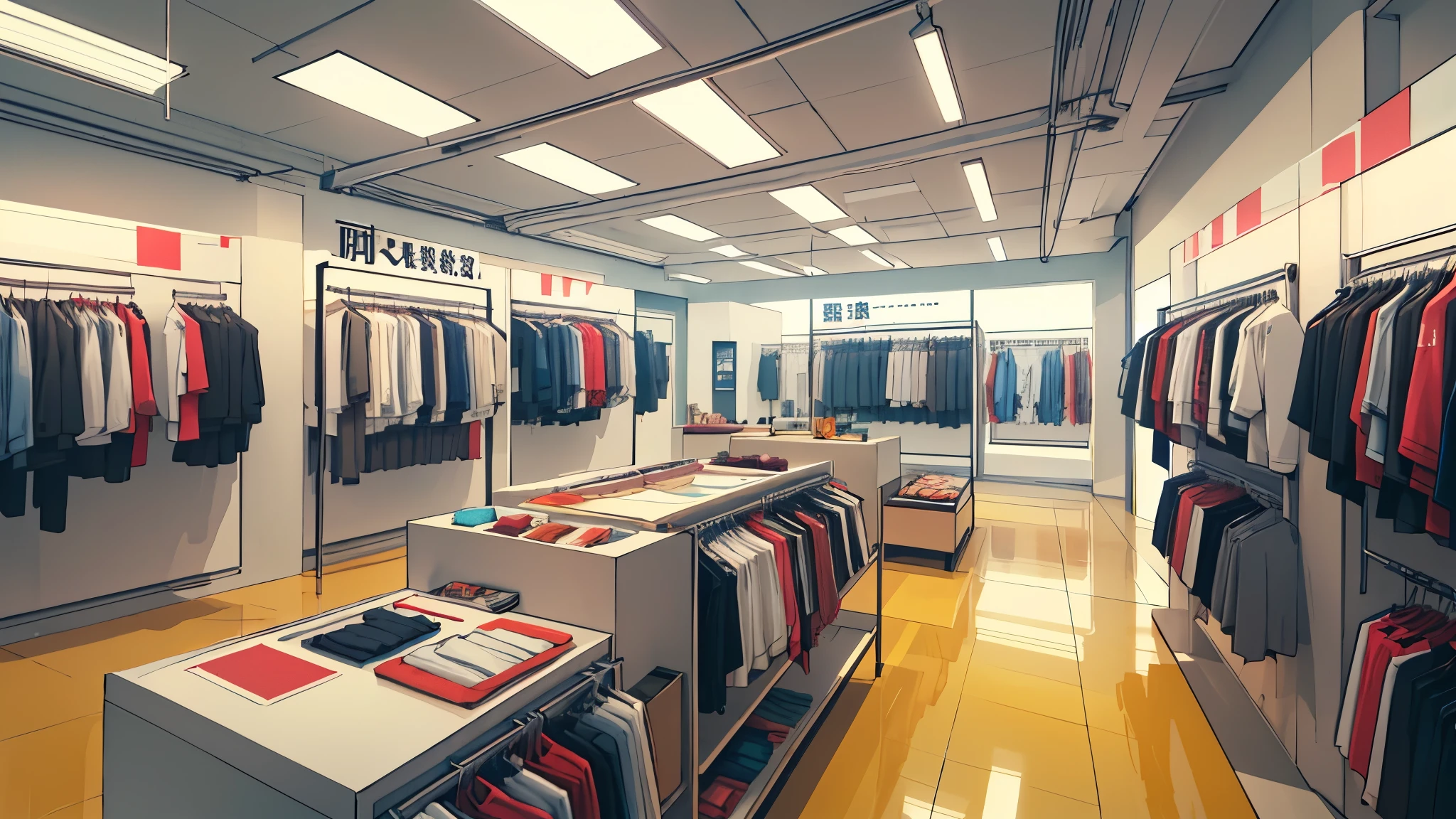 High level of image quality、Bright，clean，clothing store，cartoon，Empty scene