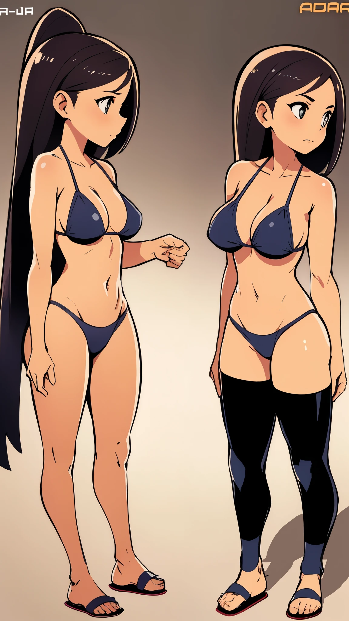 Girl, woman, front and side view profile, side view, full body view, bikini, sandals, standing, character designer sheet, front and side overview