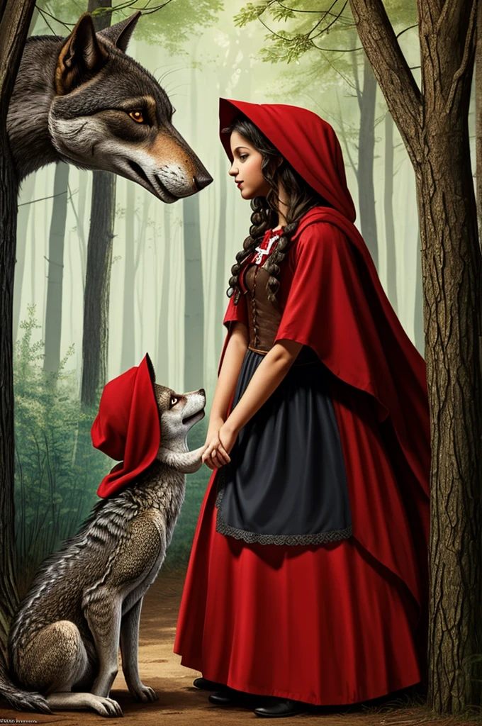 Create a drawing where Little Red Riding Hood and the Big Bad Wolf are kissing but the drawing has to be any type of literary guanvardias