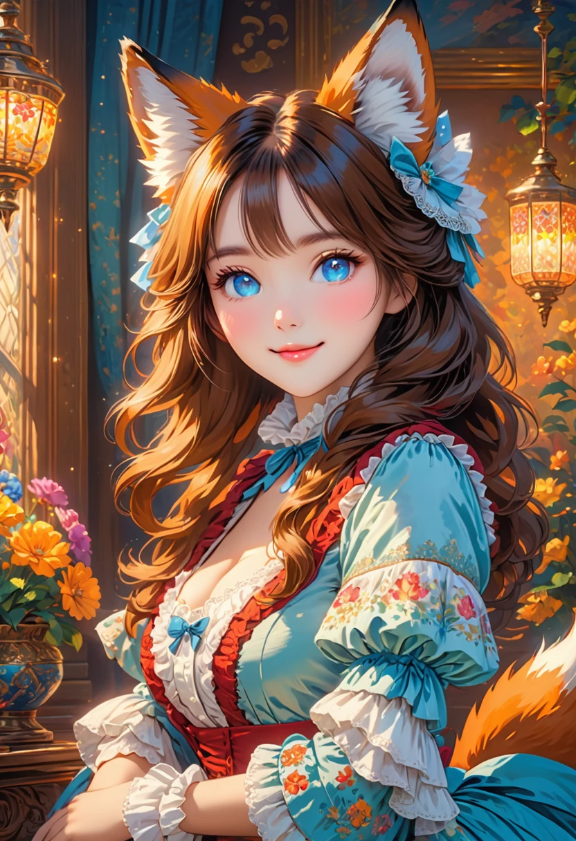 A women with a furry face and fox ears.A female with a furry face and fox ears. masterpiece, best art, victorian dress. detailed hands, detailed eyes, sexy pose. soft features. adorable vibes. bright colors. cheerful lighting. bright and crisp.
