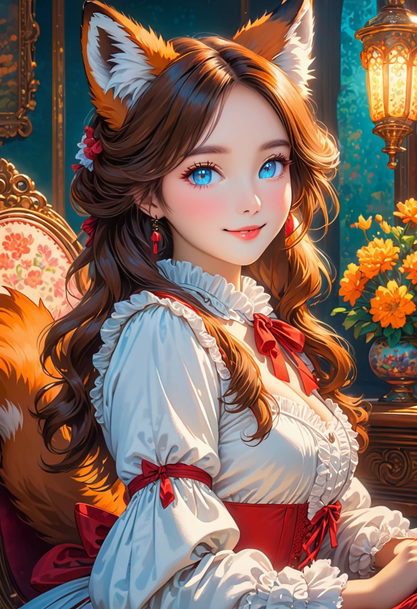 A women with a furry face and fox ears.A female with a furry face and fox ears. masterpiece, best art, victorian dress. detailed hands, detailed eyes, sexy pose. soft features. adorable vibes. bright colors. cheerful lighting. bright and crisp.