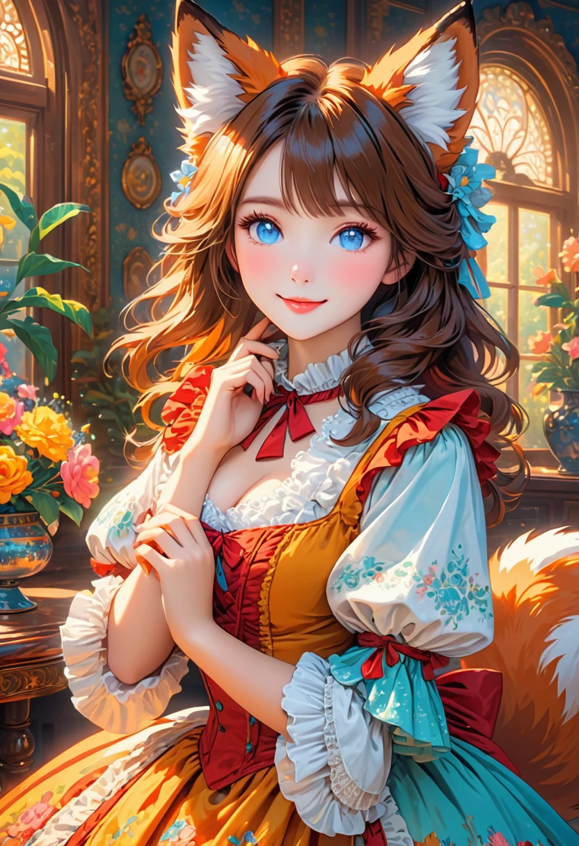 A women with a furry face and fox ears.A female with a furry face and fox ears. masterpiece, best art, victorian dress. detailed hands, detailed eyes, sexy pose. soft features. adorable vibes. bright colors. cheerful lighting. bright and crisp.
