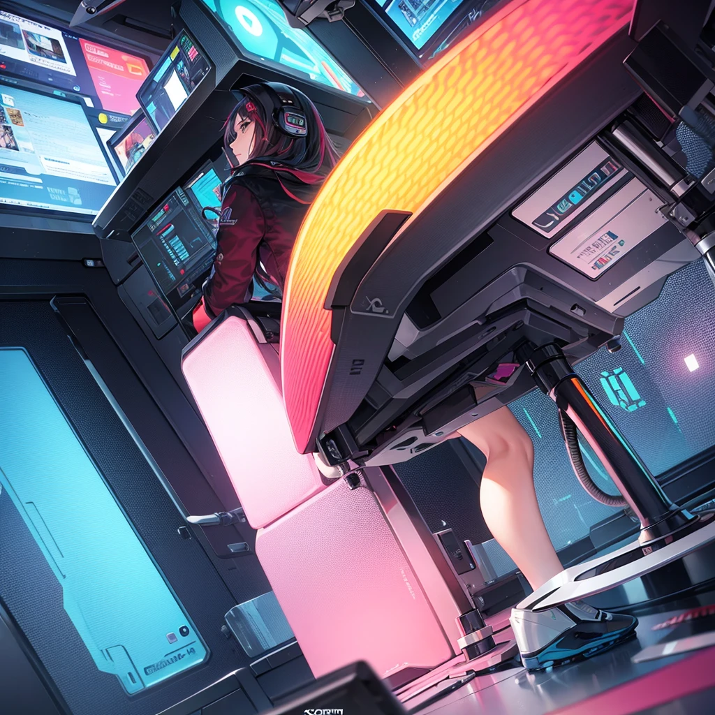  female gamer in a colorful setup  , coast silhouette 