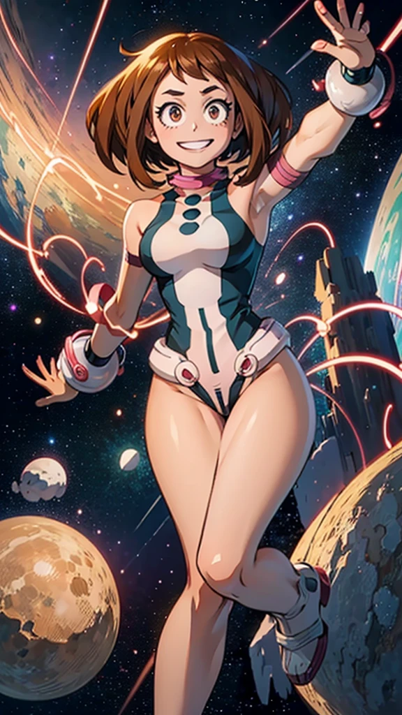 uraraka ochako, My Hero Academia style, wide hips, sexy, skinny, brown short hair, Showing ass, half naked, space background, laying smiling.(((Half naked)))