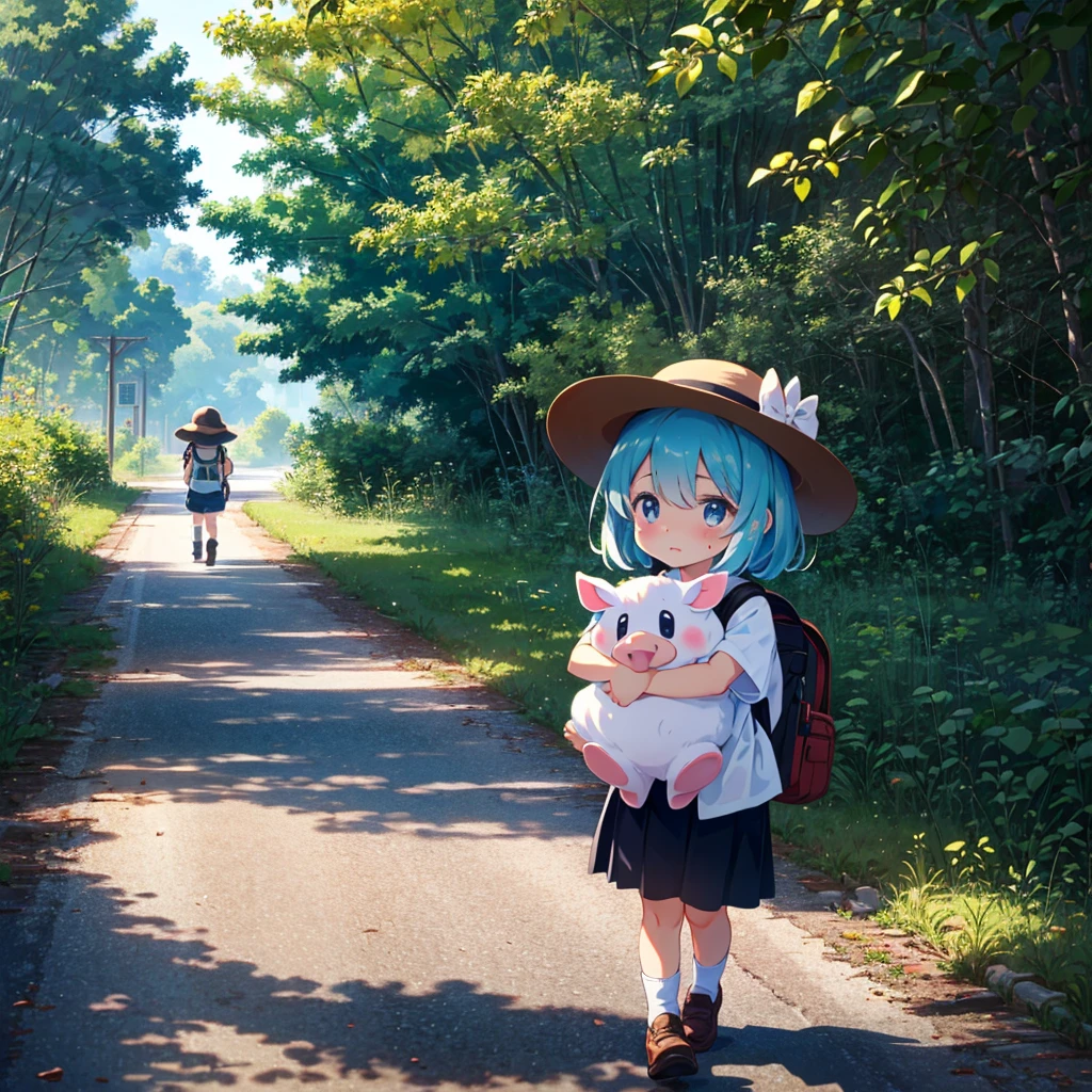 {{{Masterpiece, highest quality, high resolution background}}}, bright and beautiful atmosphere, 1 girl (5 years old, round face, baby face), small breasts, summer clothes, {{{((Rural country walking on the road while wiping sweat) Girl)}}} A girl carrying a heavy travel backpack, a mini-pig wearing a hat and enjoying the heat, a mini-pig wearing a hat, "deltamon_sdXL :0.73) >Deltamon"