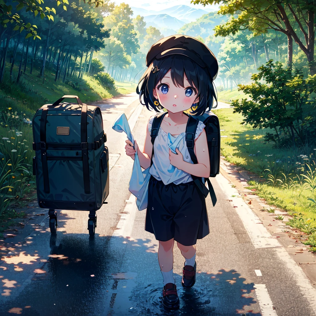 {{{Masterpiece, highest quality, high resolution background}}}, bright and beautiful atmosphere, 1 girl (5 years old, round face, baby face), small breasts, summer clothes, {{{((Rural country walking on the road while wiping sweat) Girl)}}} A girl carrying a heavy travel backpack, a mini-pig wearing a hat and enjoying the heat, a mini-pig wearing a hat, "deltamon_sdXL :0.73) >Deltamon"
