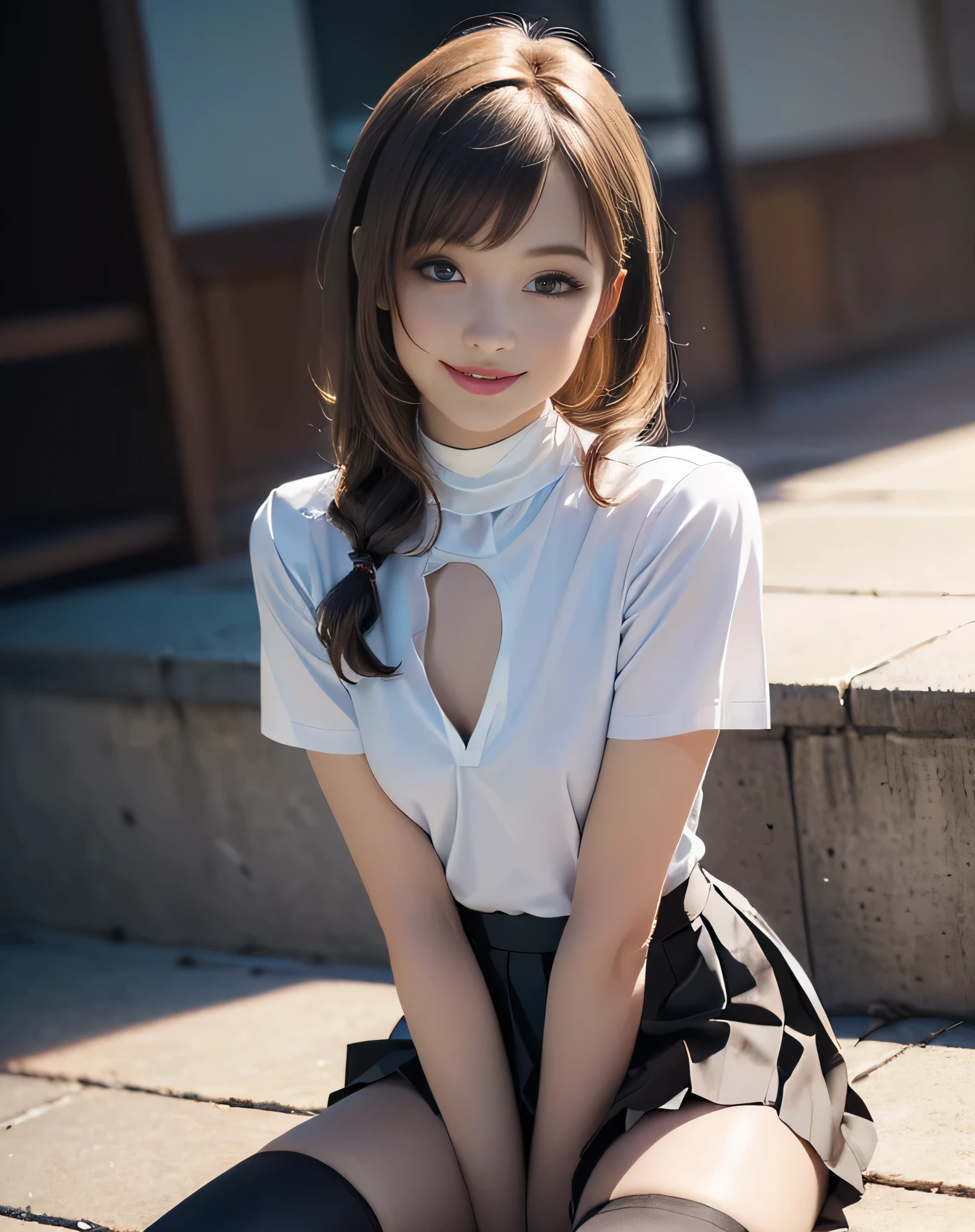 (photorealistic:1.6),(High resolution:1.6),(solo, one girl:1.5),(Beautiful Girl:1.5),(Light brown Hair:1.3),(long hairstyle:1.5),(bangs bangs),chuuChloe,(High neck shirt:1.4),(pleats skirt:1.4),(Big eyes),(looking at viewer:1.4),(Slender body:1.2),(Skinny Chest:1.5),(Flat Chest:1.5),(tight stockings:1.3),(smile:1.5),(Elegant:1.5)